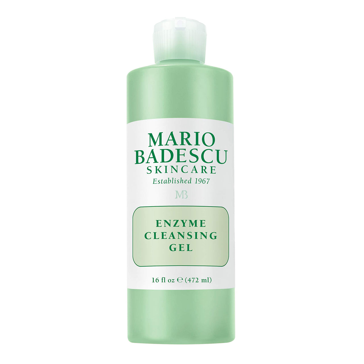 Mario Badescu front bottle view showing the 16 fl oz enzyme cleansing gel and packaging benefit