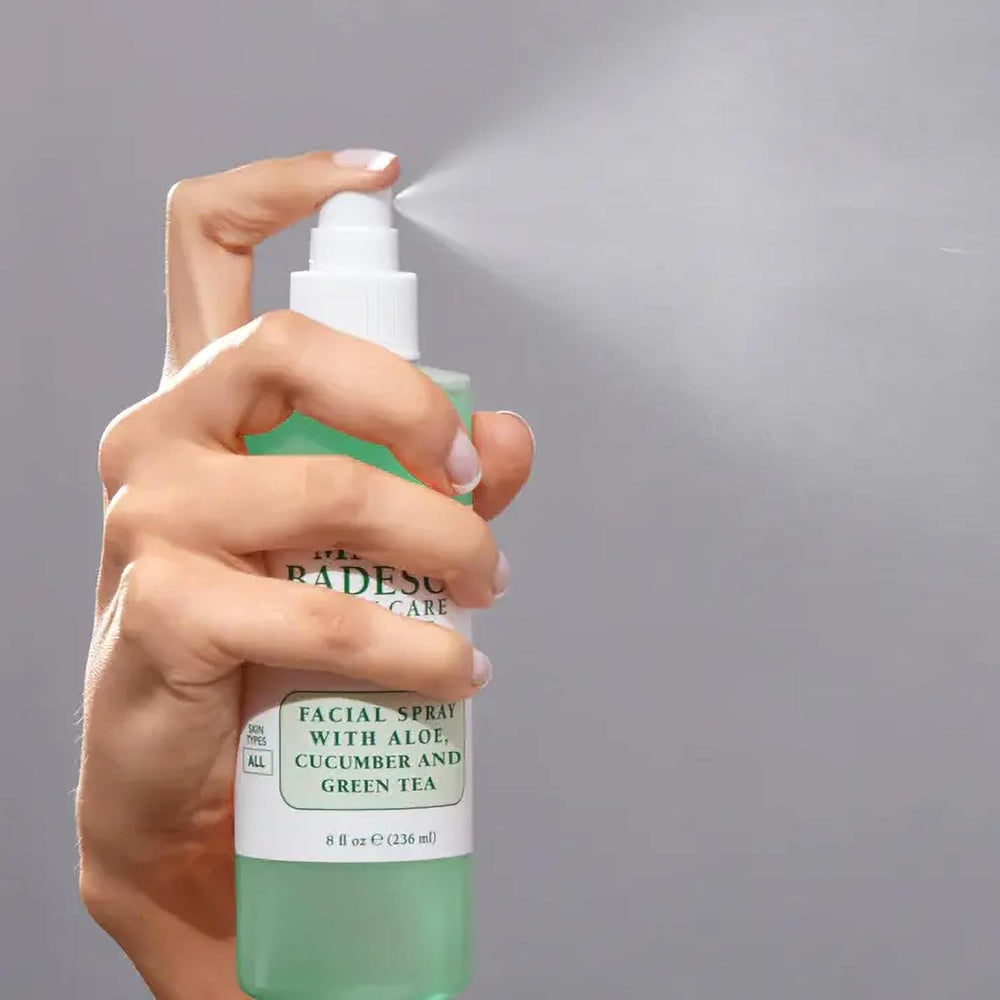 Mario Badescu setting makeup with mist for a dewy, long-lasting finish
