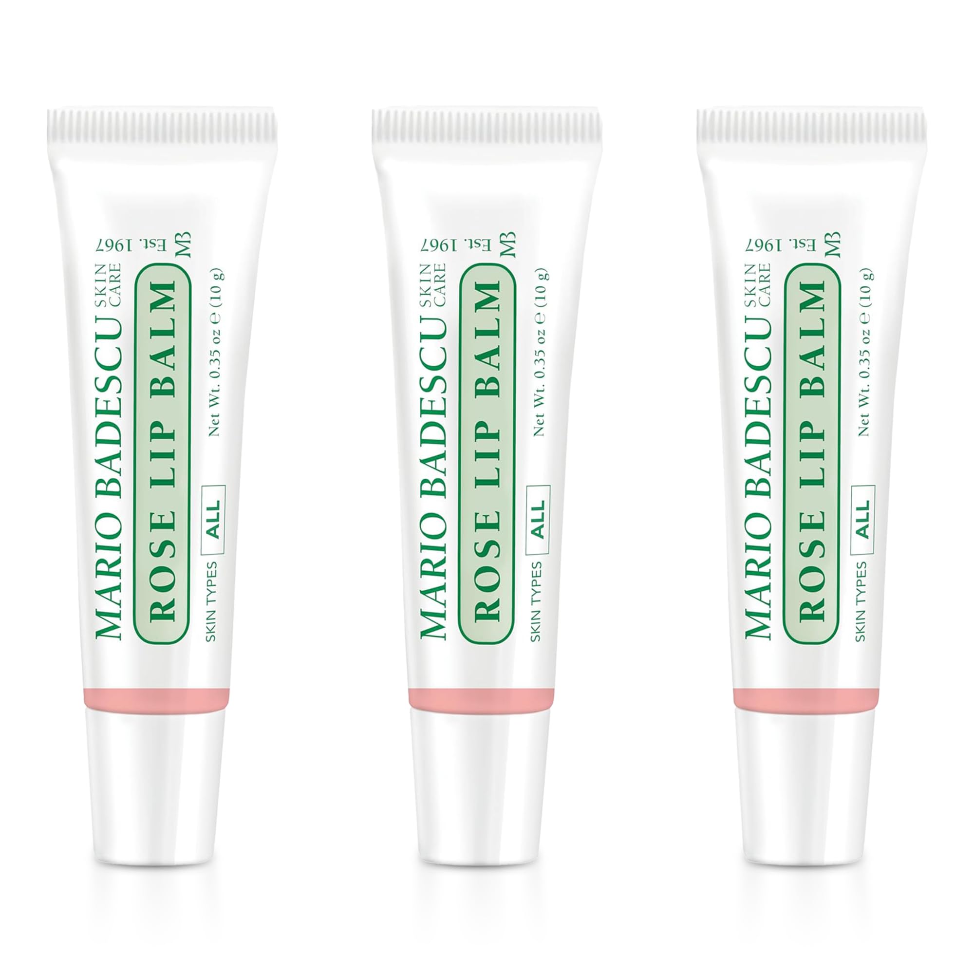 Mario Badescu front tube showing rose lip balm and easy application
