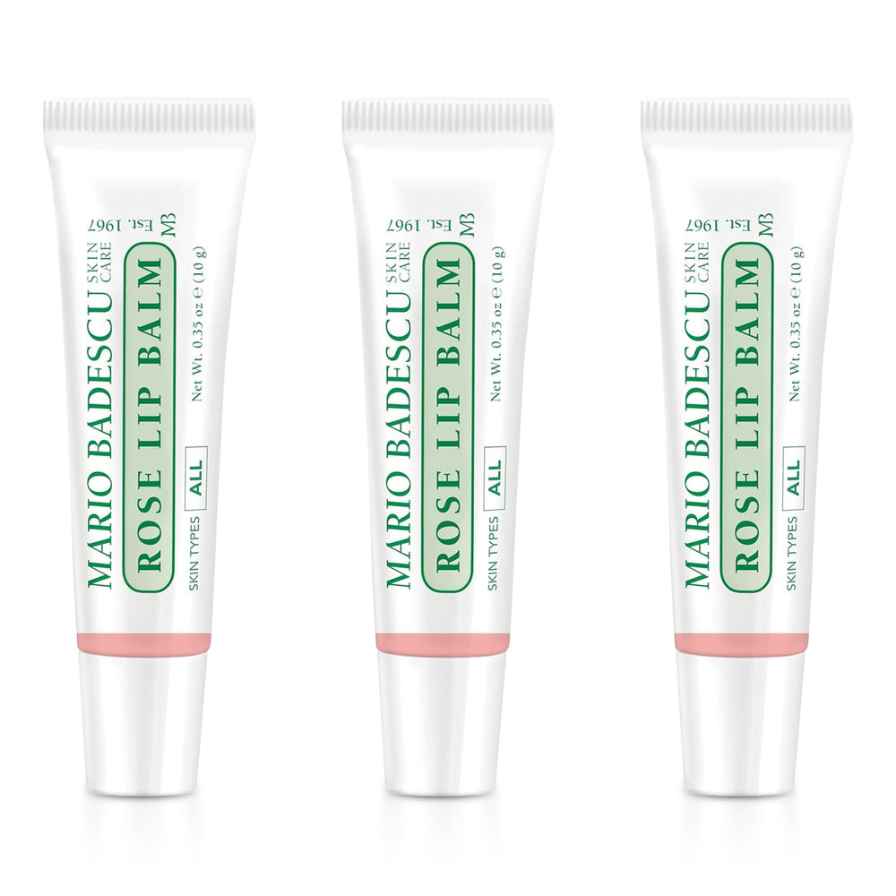 Mario Badescu front tube showing rose lip balm and easy application