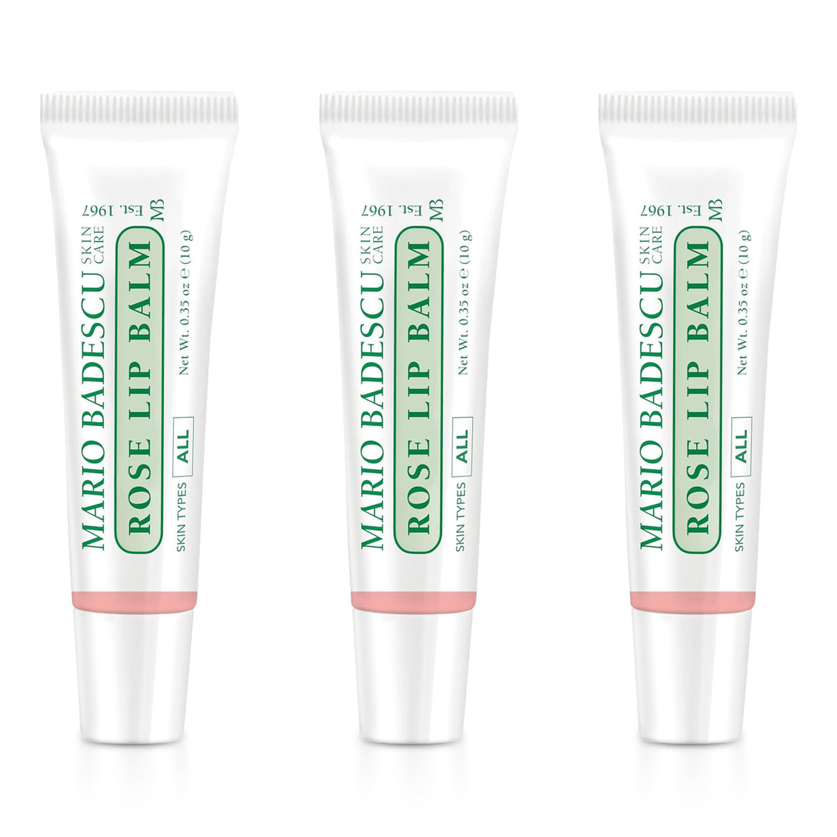 Mario Badescu front tube showing rose lip balm and easy application