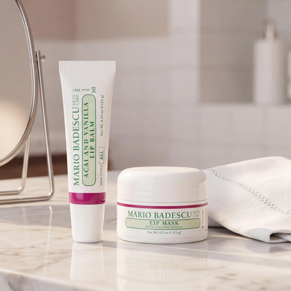 Mario Badescu duo on bathroom shelf showing convenient nightly routine setup