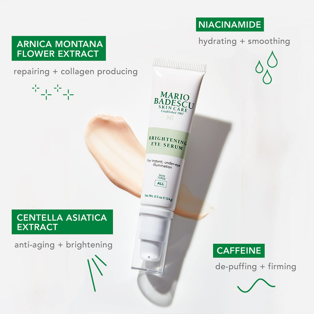 Mario Badescu applying serum under eye illustrating reduced puffiness and brightening