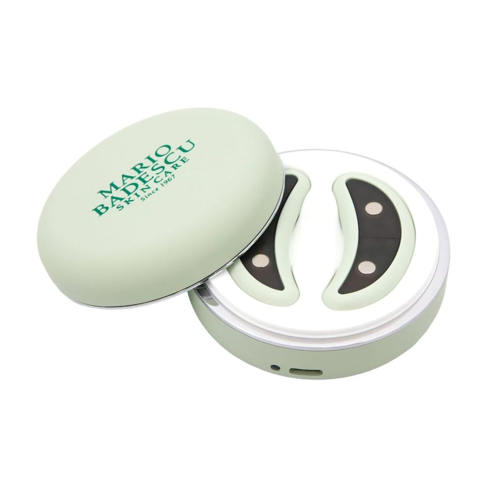 Mario Badescu device front view showing ergonomic patches and bright LED benefits