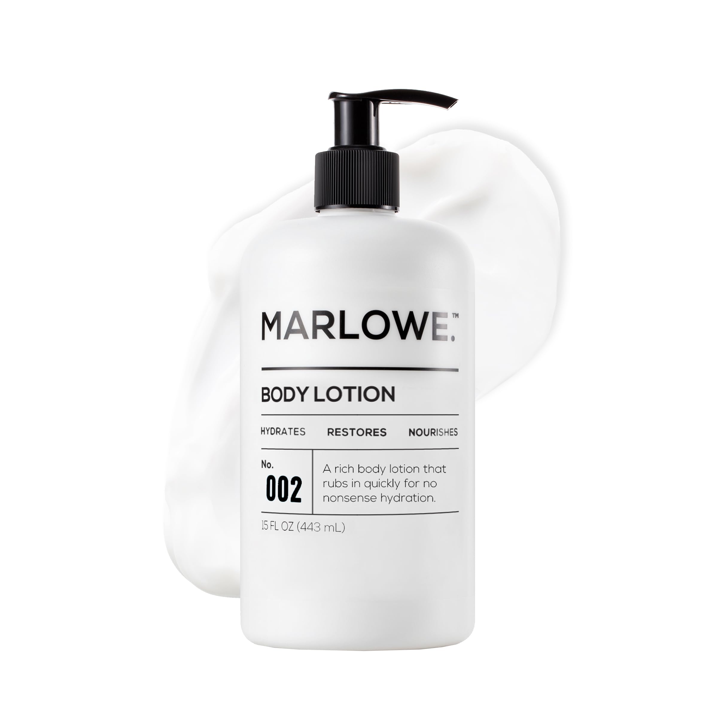 MARLOWE. front pump bottle showing label and 15 oz size for easy identification and use