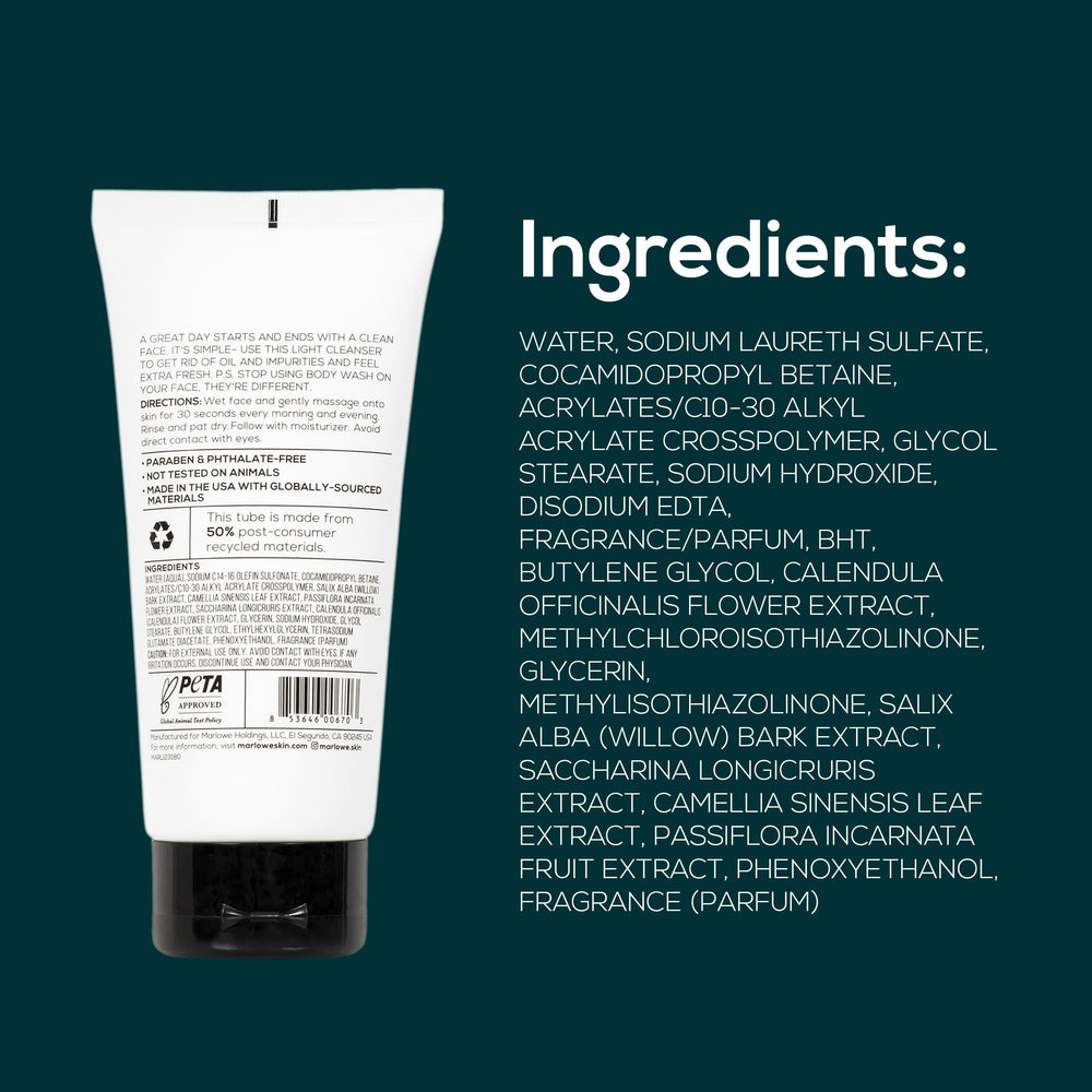 MARLOWE. lather on face during rinse illustrating effective clean feeling