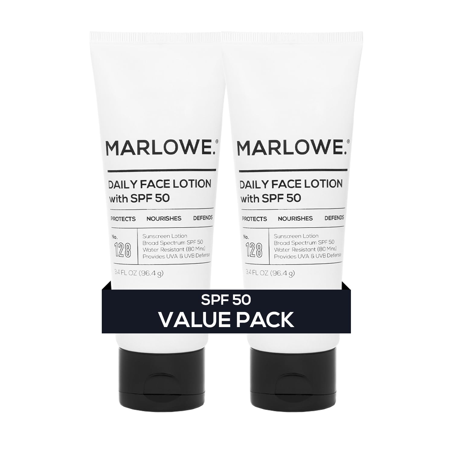 MARLOWE. front packaging showing SPF 50 and travel-friendly benefits