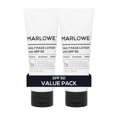 MARLOWE. front packaging showing SPF 50 and travel-friendly benefits
