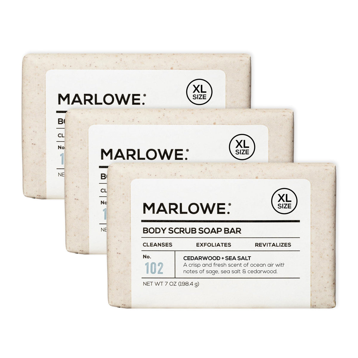 MARLOWE. front packaging showing cedarwood bar and recycled wrapper benefit