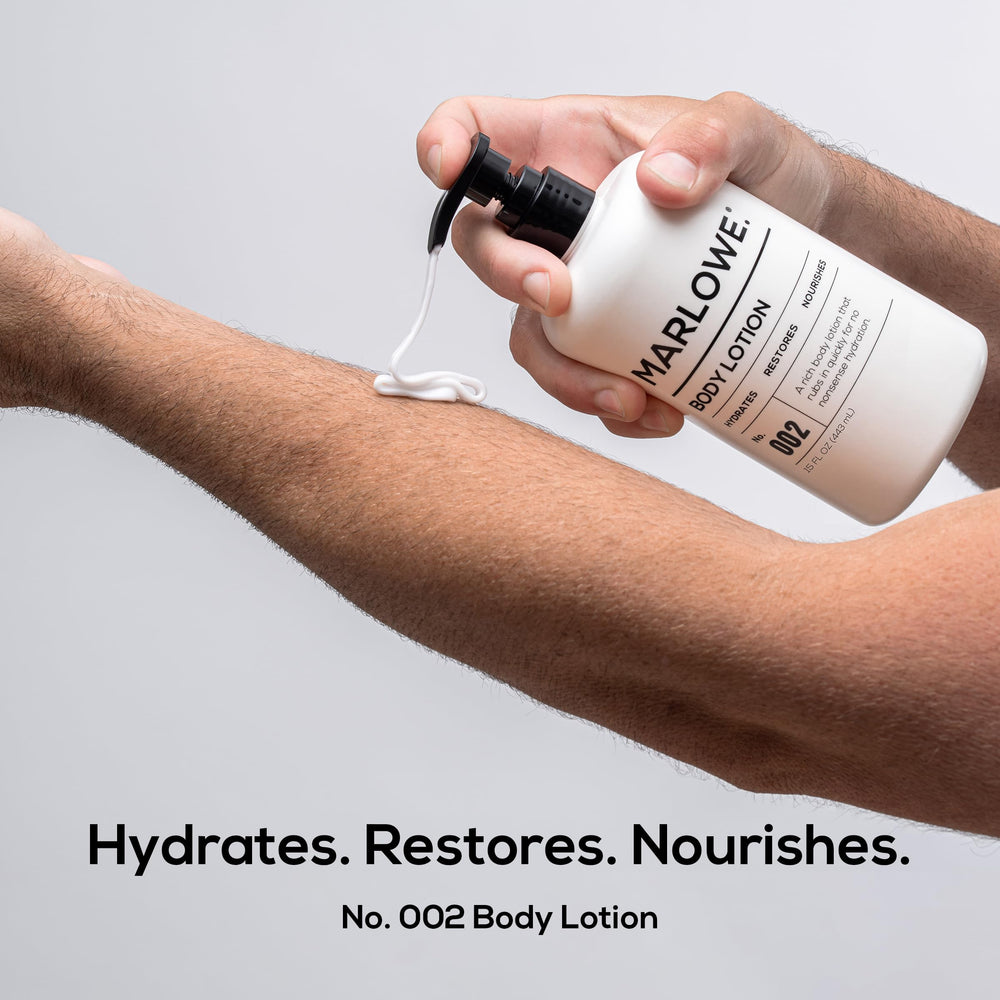 MARLOWE. lotion being dispensed to show fast-absorbing texture and non-greasy finish