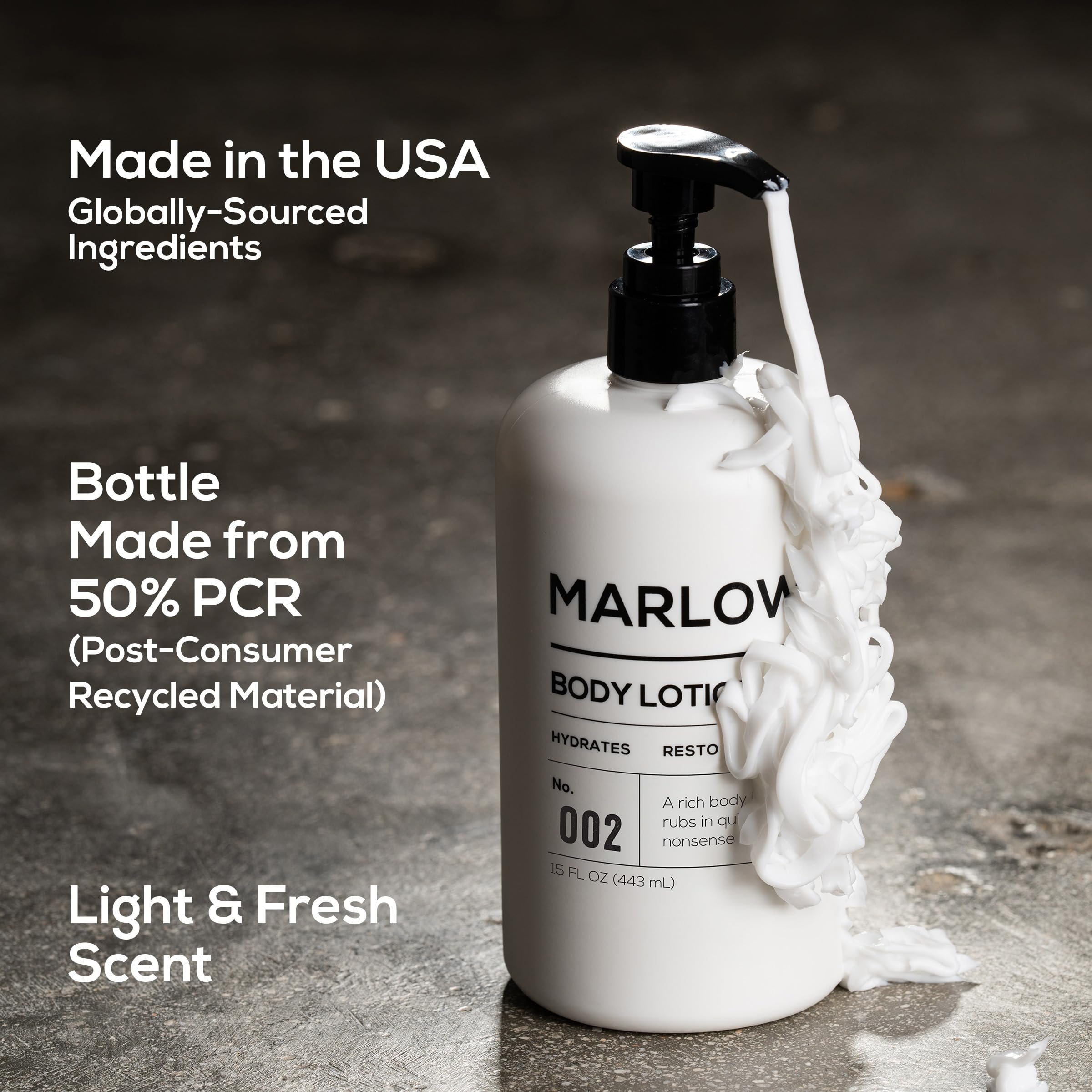 MARLOWE. bottle held in hand to demonstrate 15 oz scale and convenient pump design