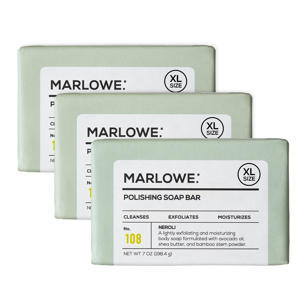 MARLOWE. front packaging showing three neroli soap bars and benefits