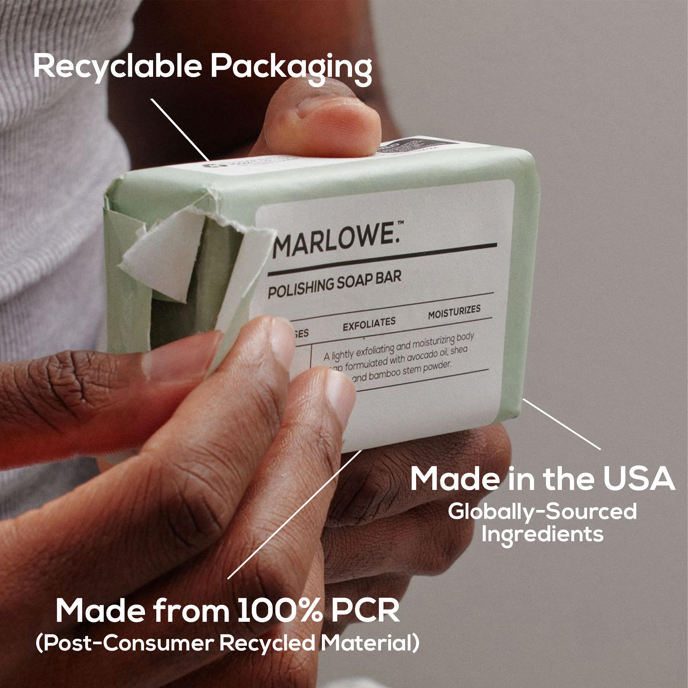 MARLOWE. recycled wrapper detail emphasizing eco-conscious packaging