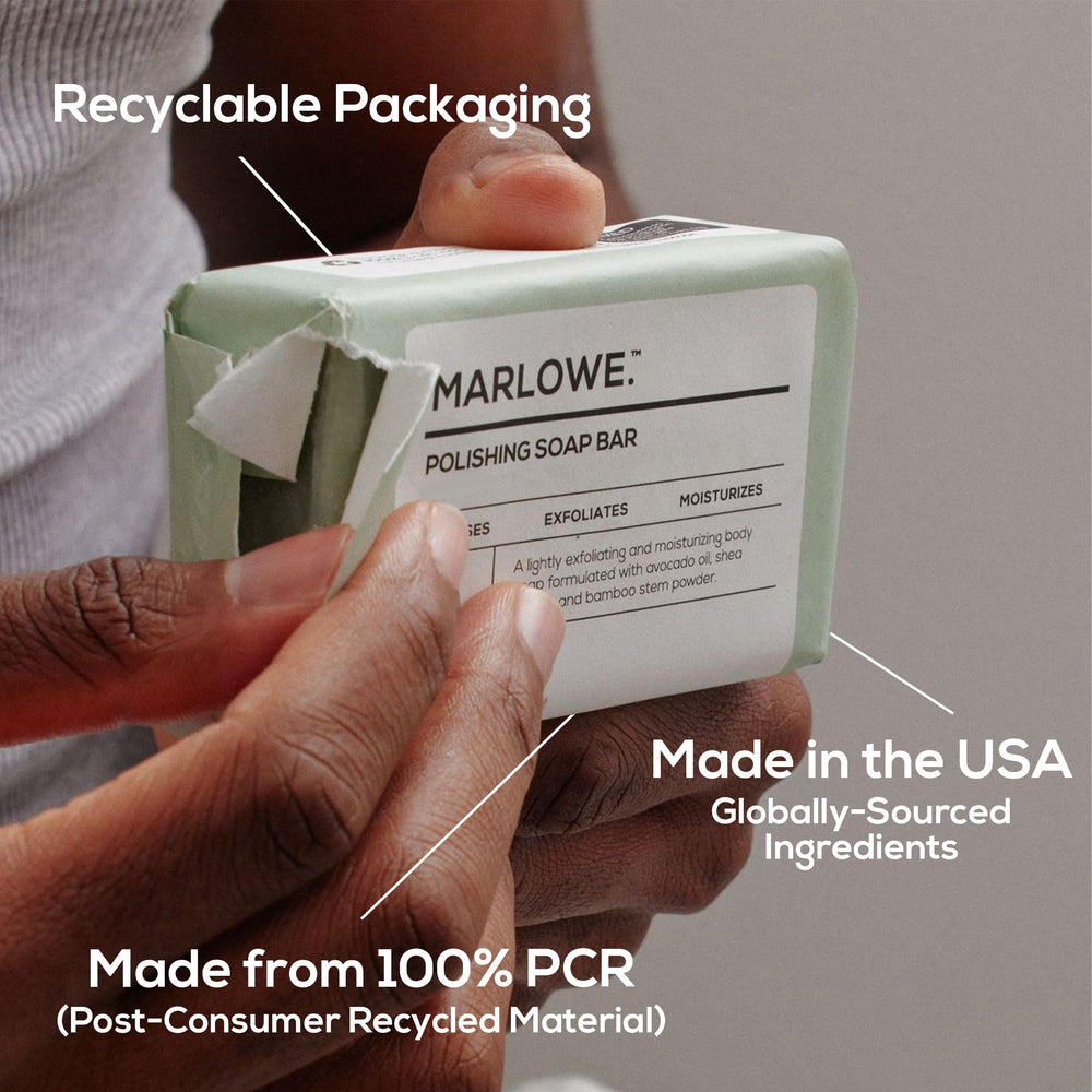 MARLOWE. recycled wrapper detail emphasizing eco-conscious packaging