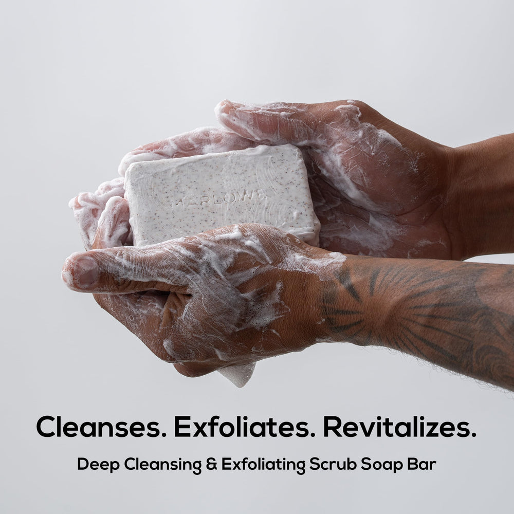 MARLOWE. close-up of pumice and apricot seed texture offering effective exfoliation