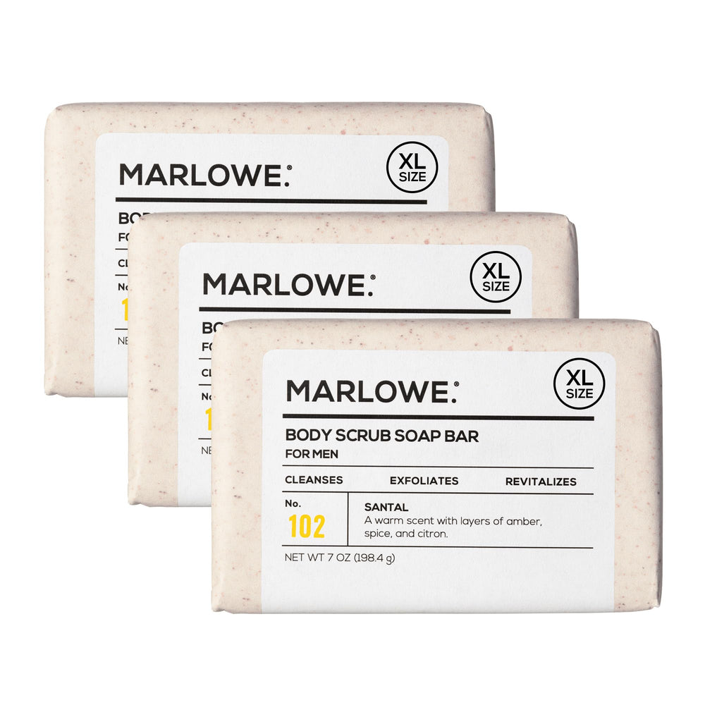 MARLOWE. front packaging showing three 7 oz Santal bars with scent benefit