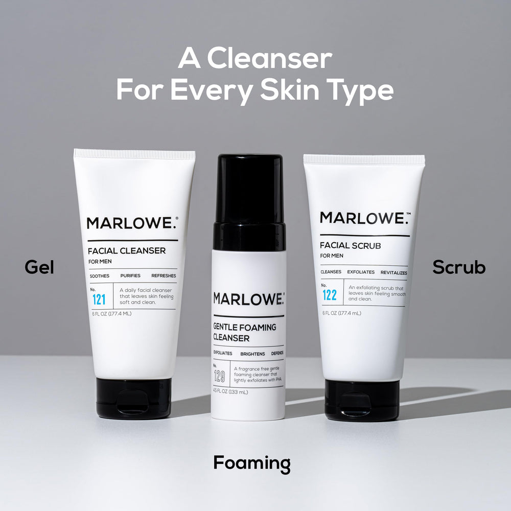 MARLOWE. scrub beside moisturizer showing post-exfoliation hydration benefit