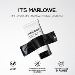 MARLOWE. open cap revealing cream inside for immediate shave protection
