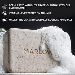 MARLOWE. single 7 oz exfoliating bar front showing solid triple-milled form