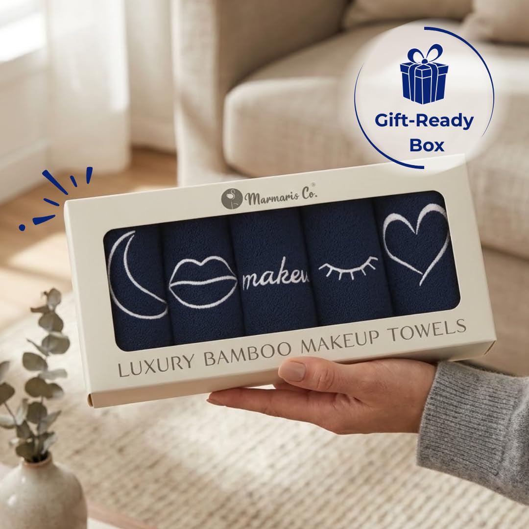 Marmaris Co. washcloth on bathroom vanity styled with skincare showing everyday luxury use