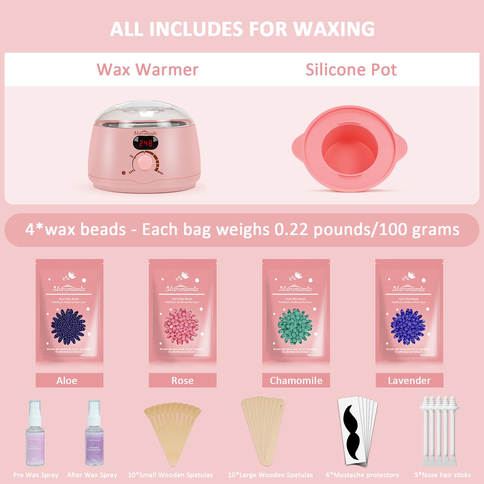 Maromamix applicators and mustache protectors arranged for varied waxing tasks