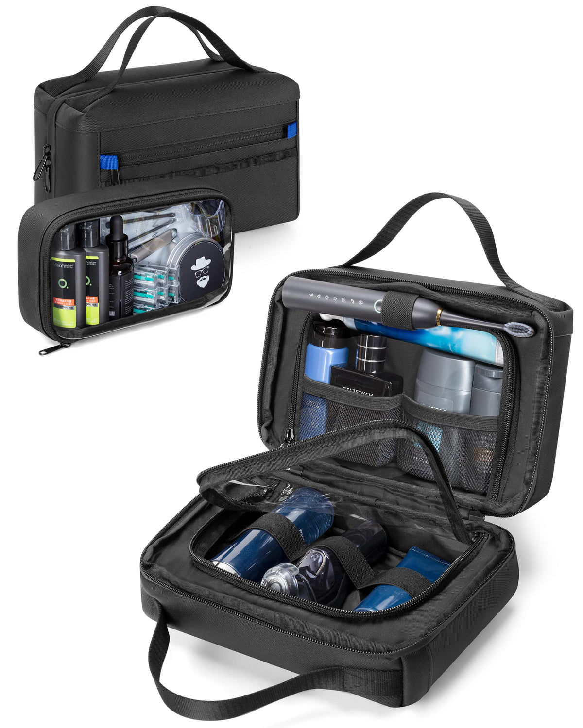 Marscamd toiletry bag front view shows sleek black design and quick-access pocket