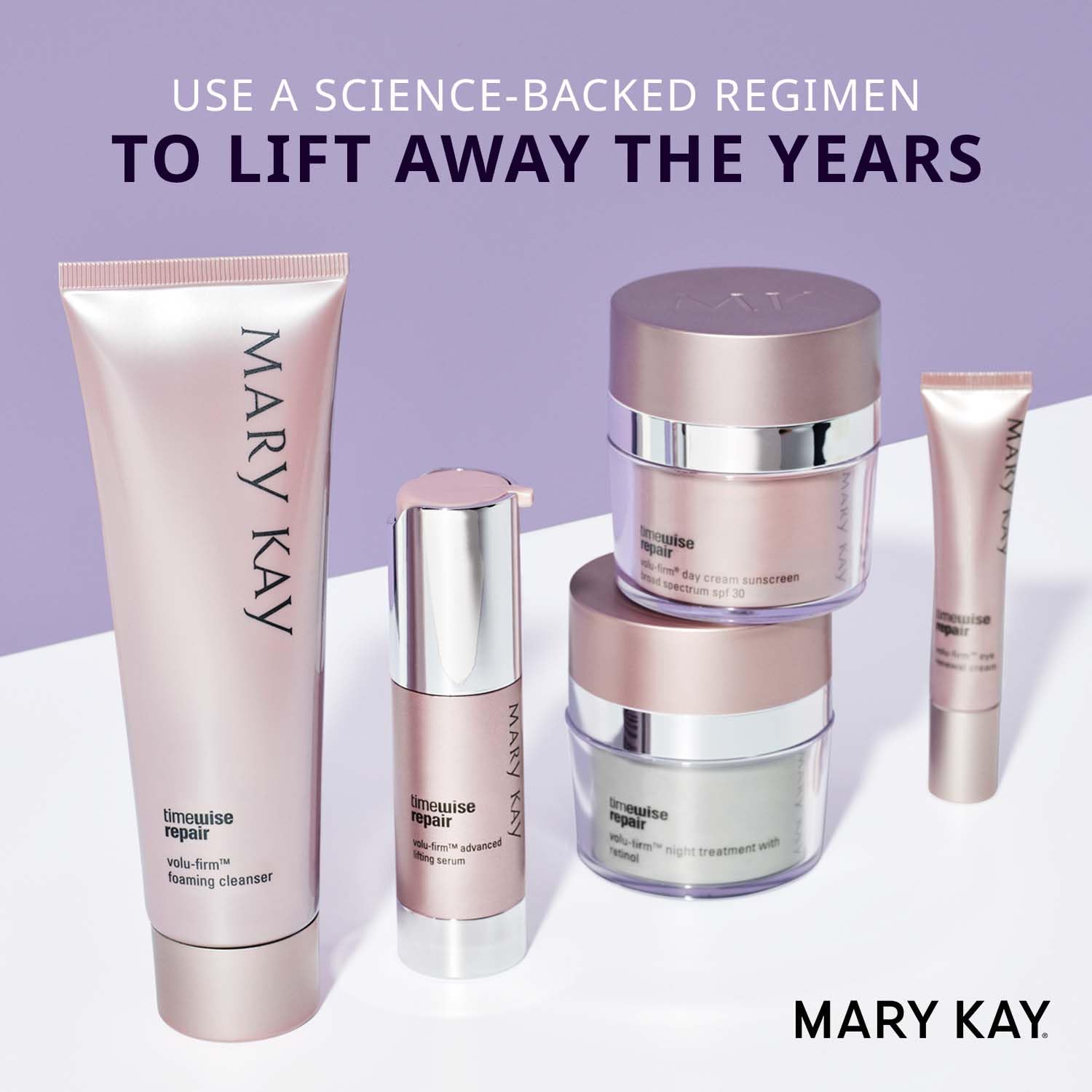 Mary Kay Volu-Firm regimen on a vanity conveying daily routine and organized use