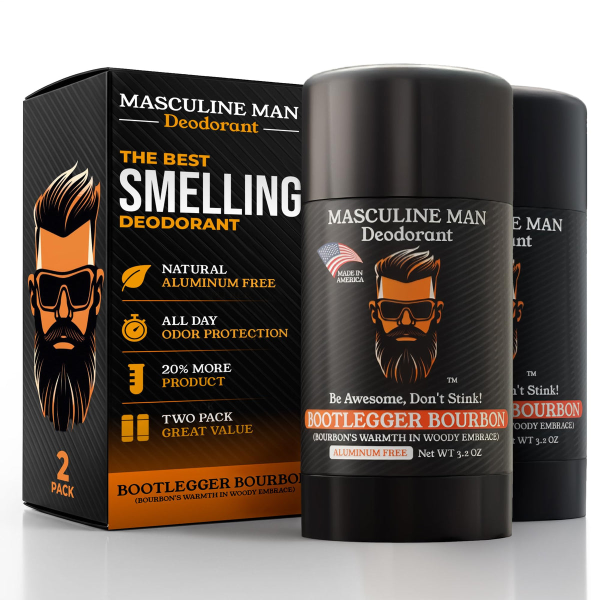 MASCULINE MAN front packaging showing bold bourbon scent and two-pack benefit