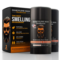MASCULINE MAN front packaging showing bold bourbon scent and two-pack benefit