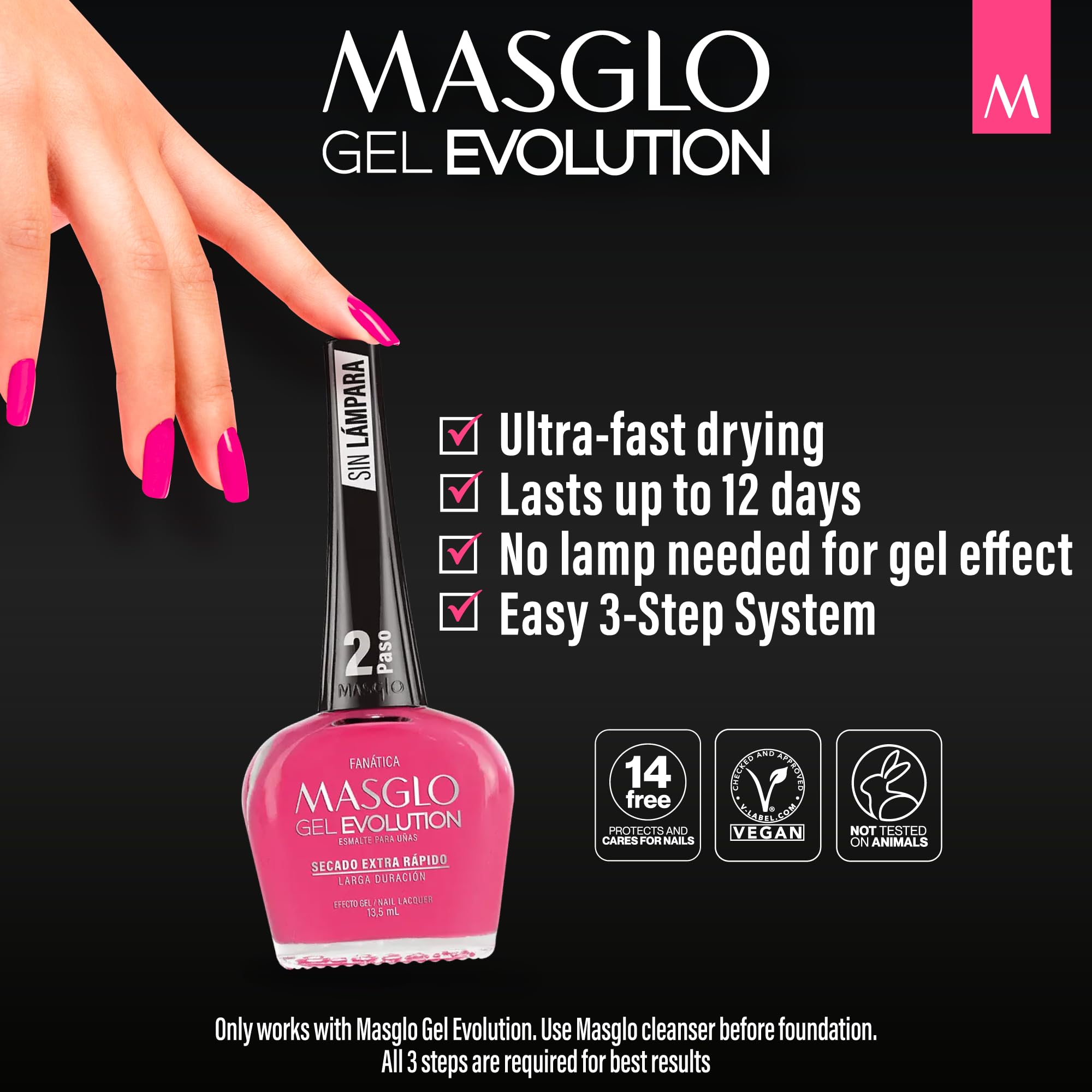 MASGLO ingredient label view showing 14-free formula for safer nails