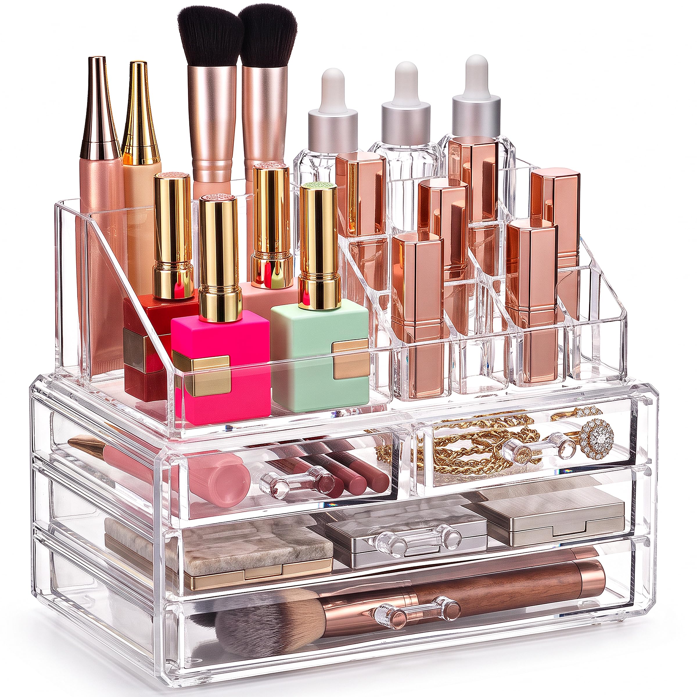 Masirs clear organizer front view showing neat countertop storage benefit