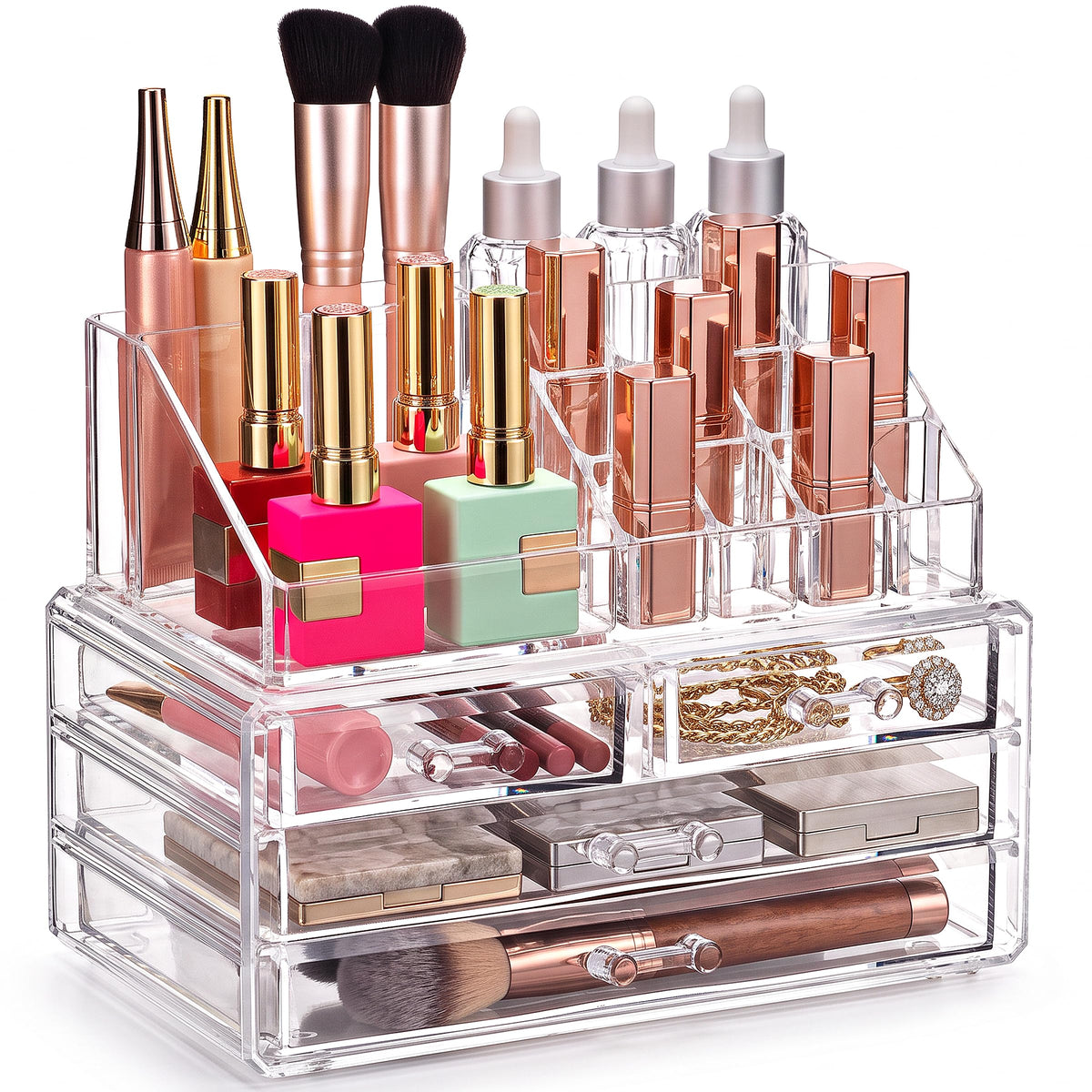 Masirs clear organizer front view showing neat countertop storage benefit