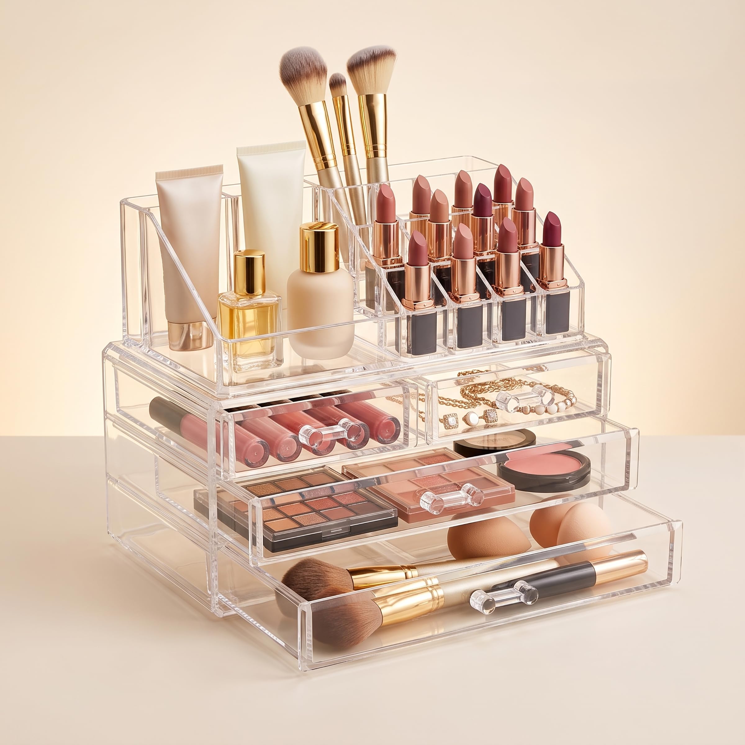 Masirs organizer beside mirror showing polished vanity presentation