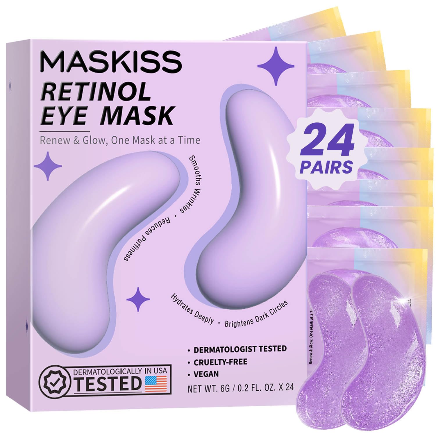 Maskiss boxed lavender pack front view showing count and benefit of under-eye refresh