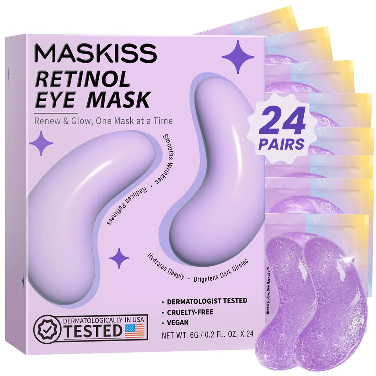 Maskiss boxed lavender pack front view showing count and benefit of under-eye refresh