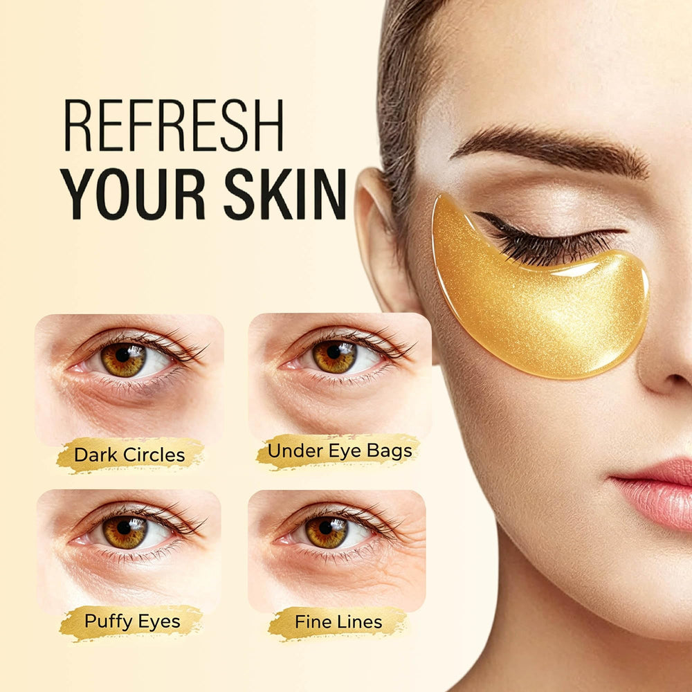 Maskiss patches applied under a model's eyes to reduce puffiness visibly