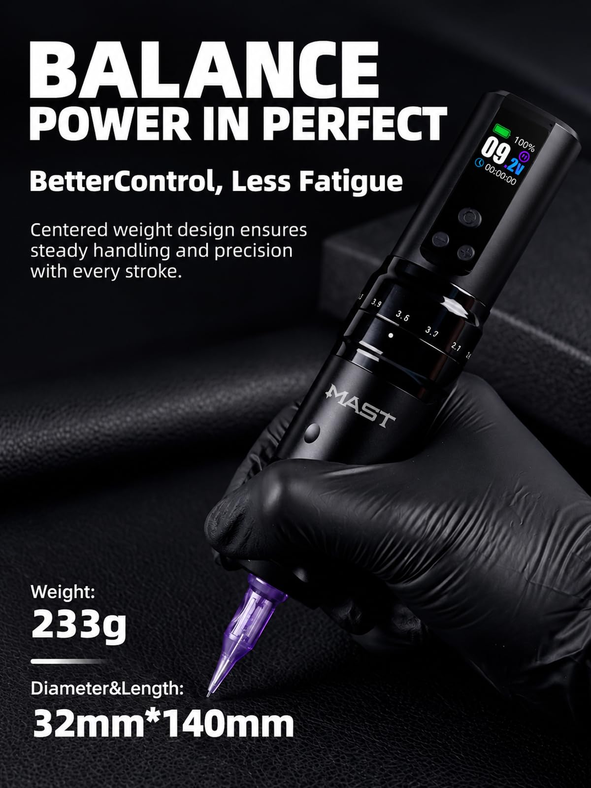 MAST TATTOO pen attached to battery with OLED display for quick monitoring
