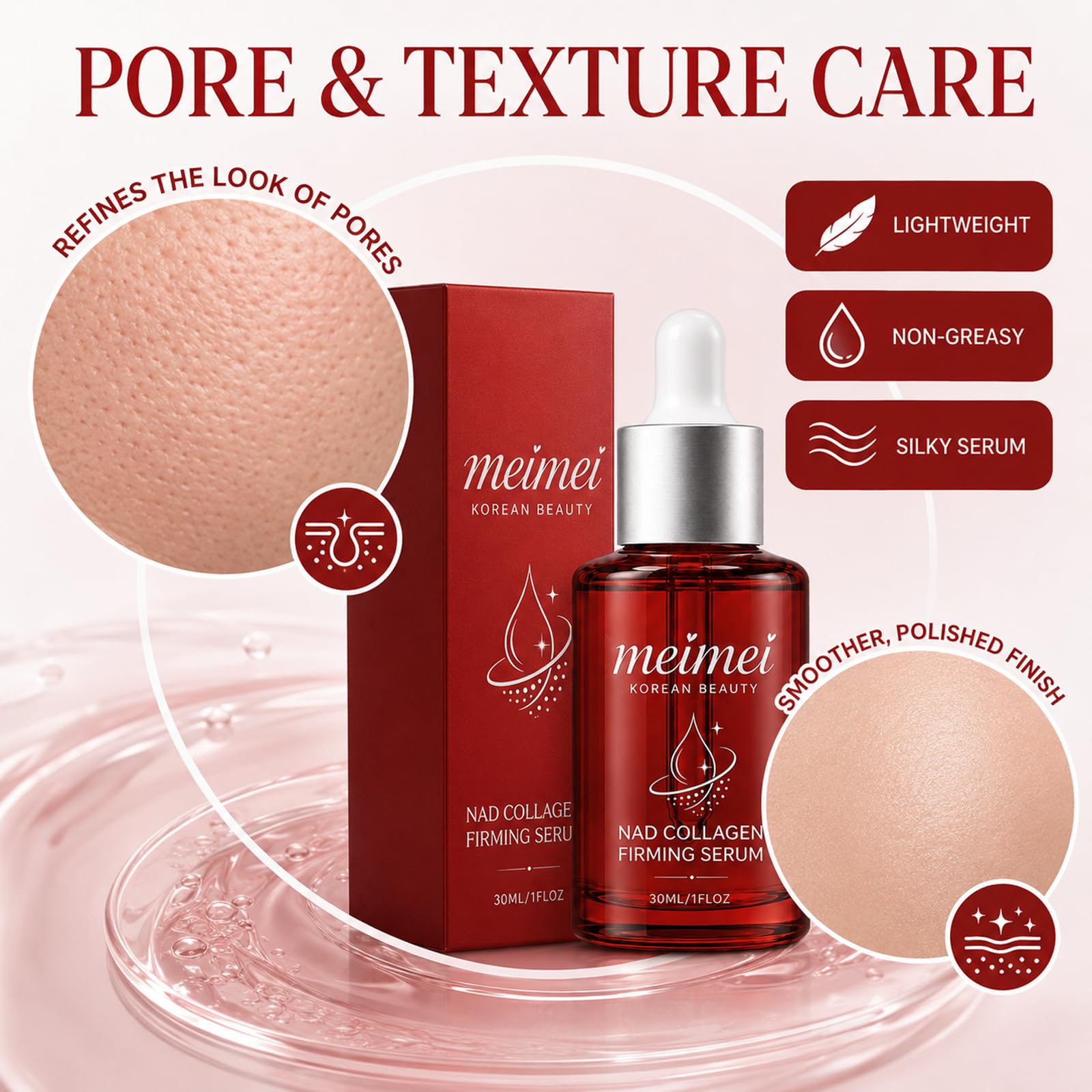 MATIERE ingredients display with NAD+ and peptides, emphasizes firming support benefit
