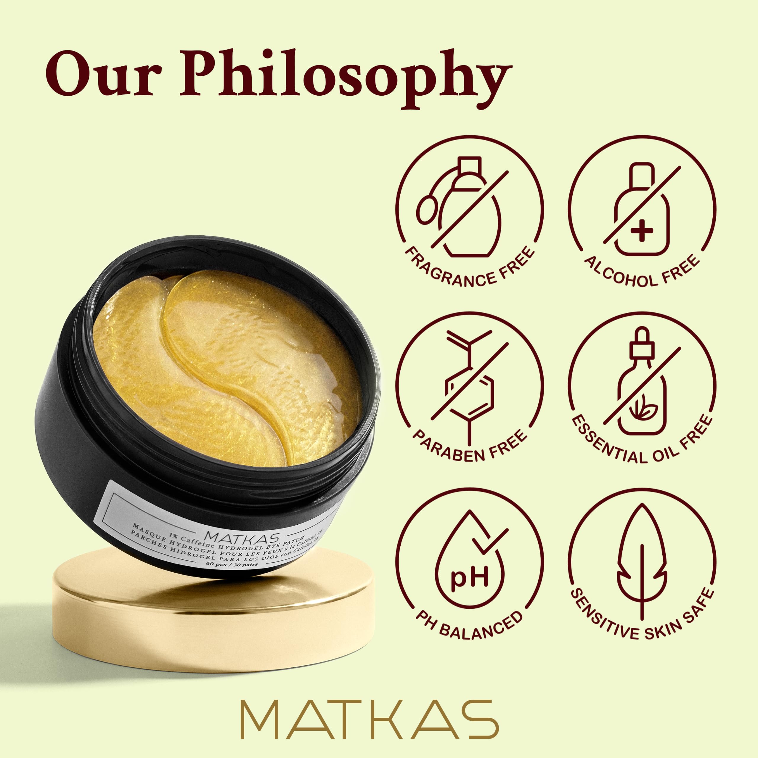 MATKAS ingredients label highlighting caffeine and niacinamide benefits