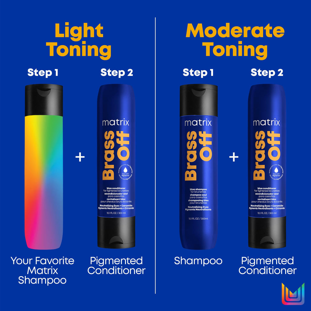 Matrix Brass Off paired with Brass Off conditioner showing combined benefits