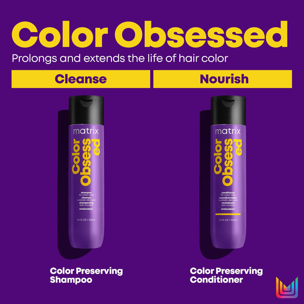 Matrix Color Obsessed bottle beside a hairbrush showing product size and portability benefit