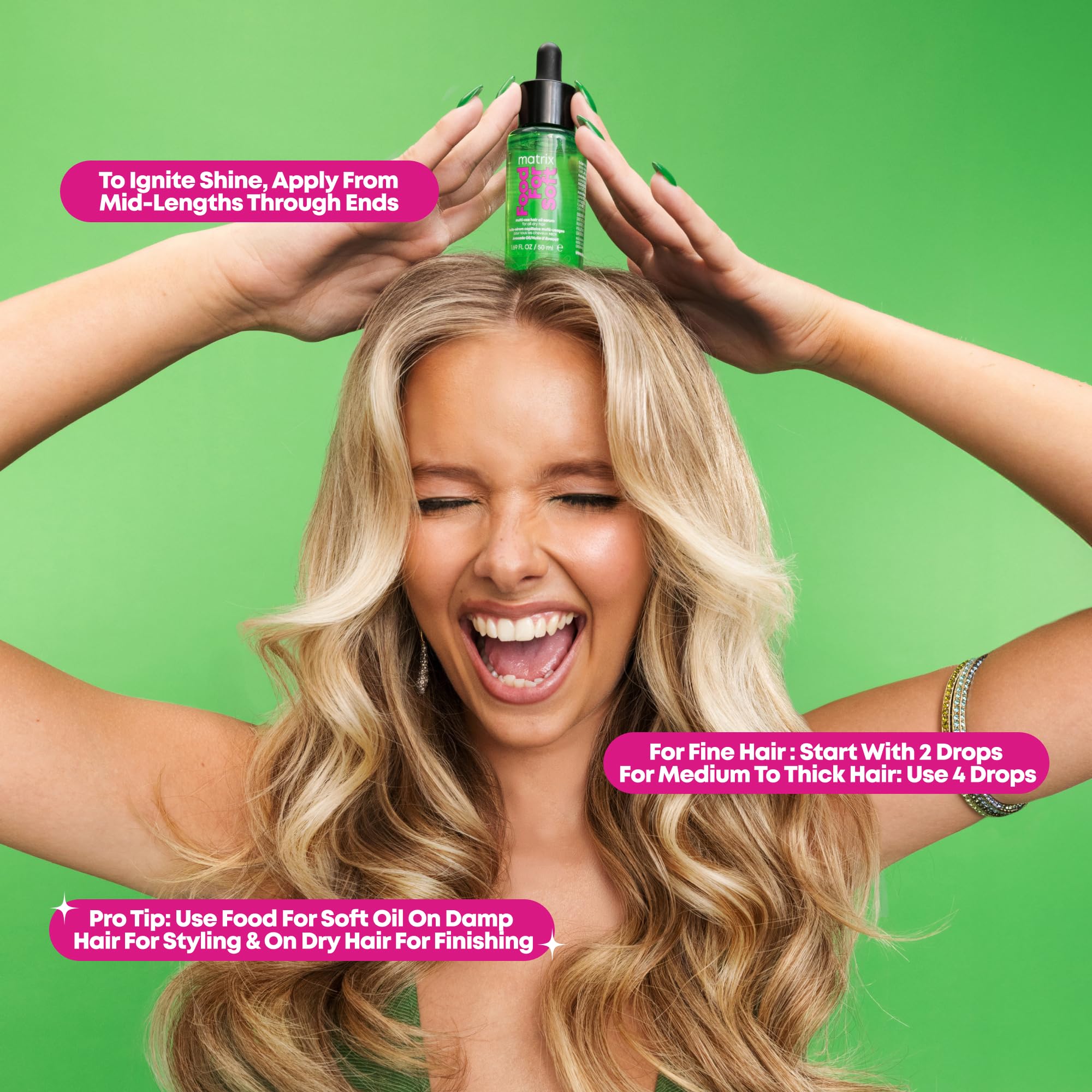 Matrix smoothing oil on dry hair to tame frizz and add shine