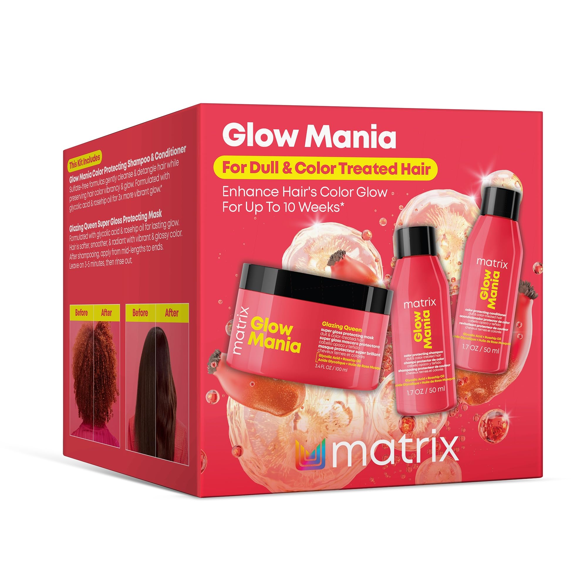 Matrix front packaging of Glow Mania mini kit showing compact travel sizes and benefit