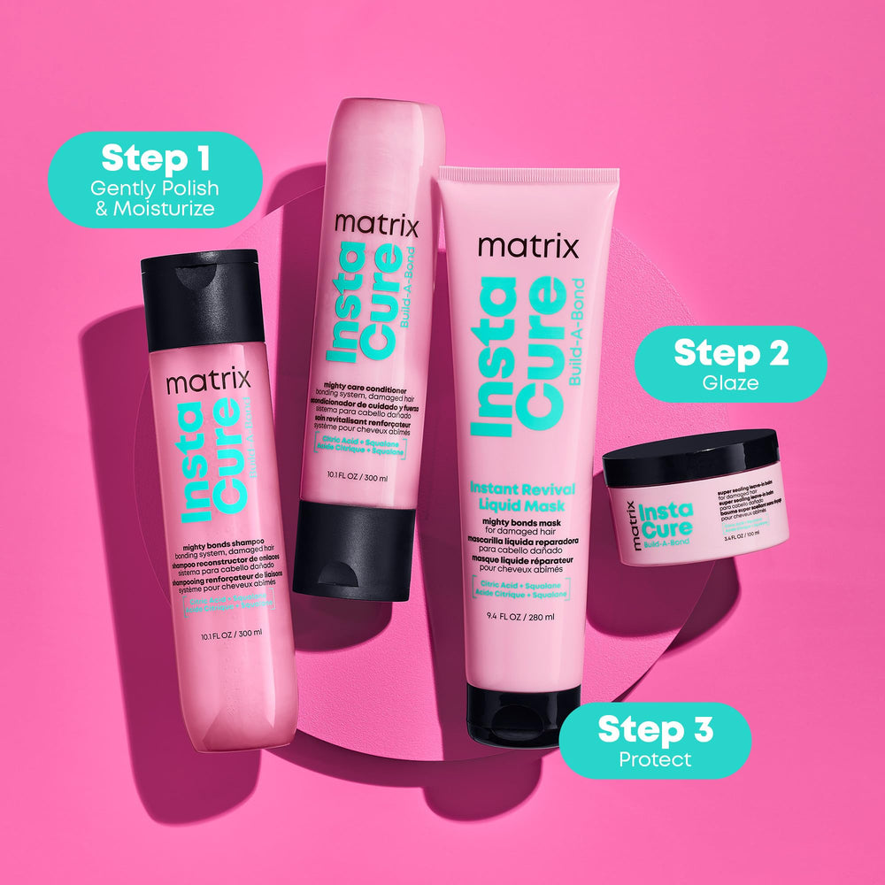 Matrix Instacure system lineup with conditioner to demonstrate complementary product benefits