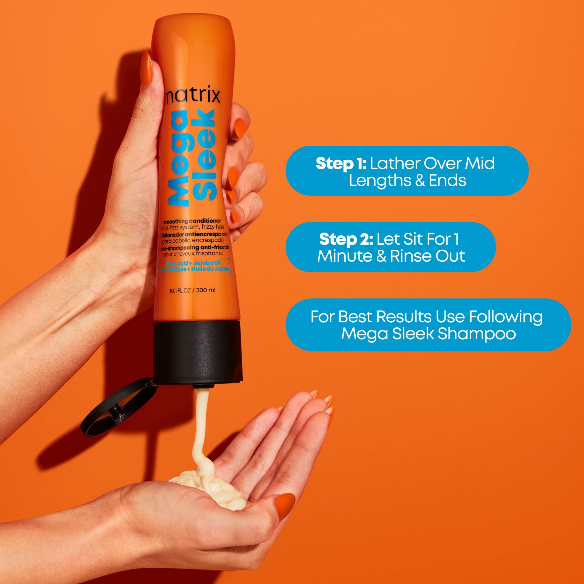 MATRIX after-use sleek hair photo illustrating frizz reduction and smooth finish