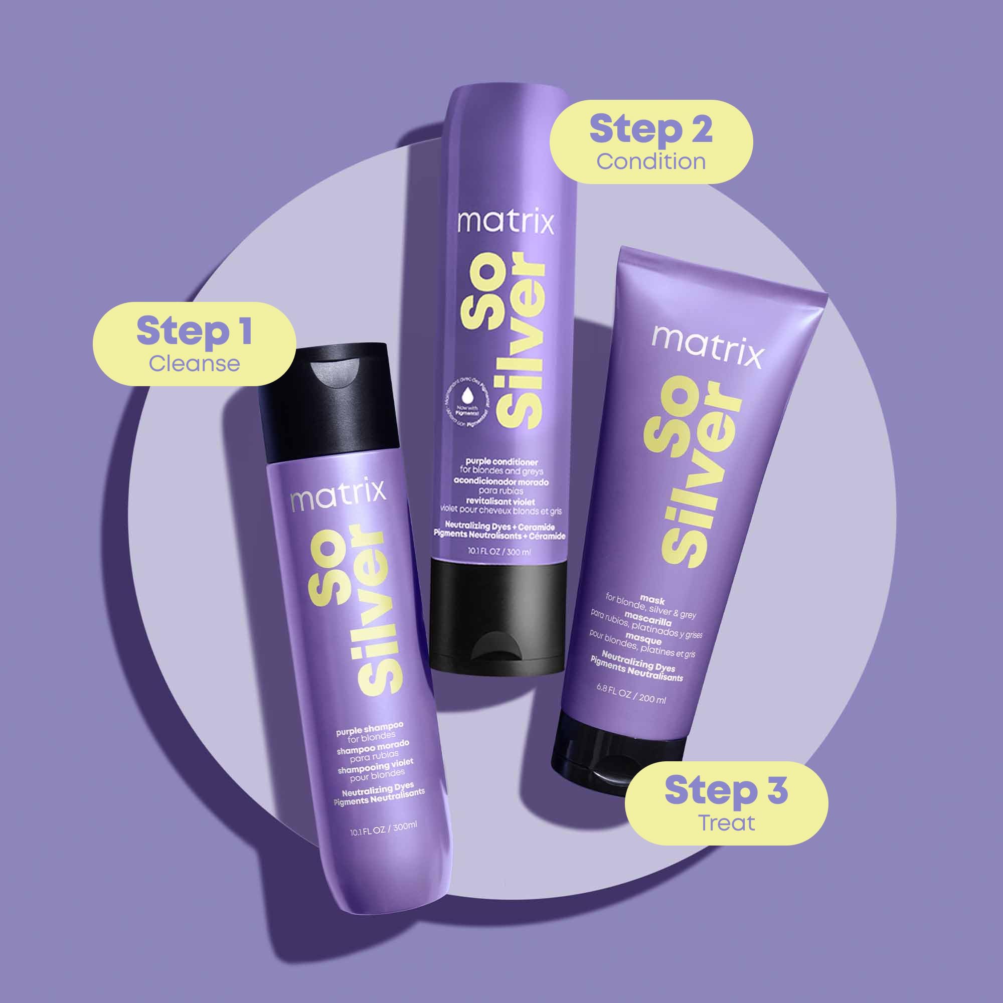 MATRIX So Silver bottle with matching conditioner demonstrating combined hydration benefit