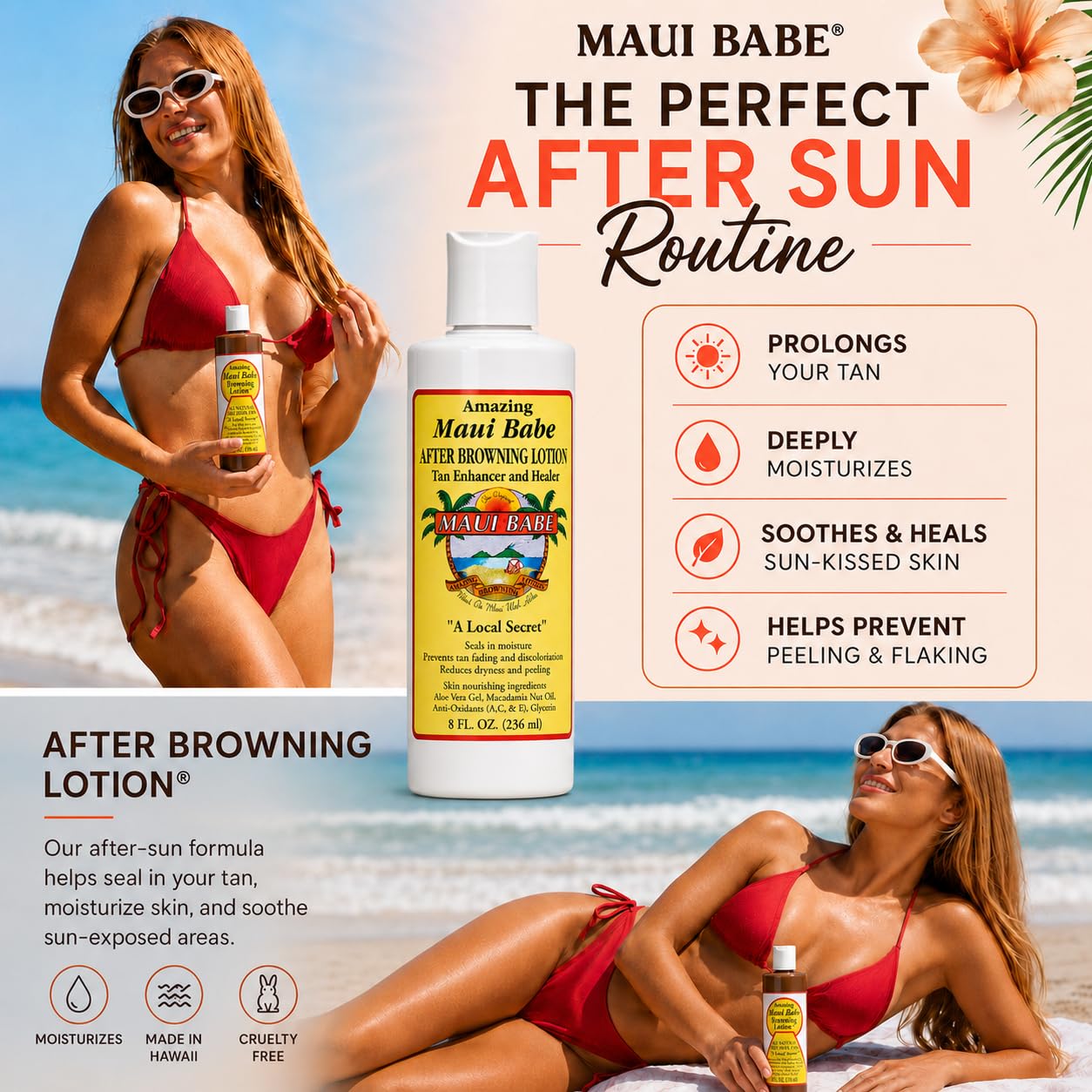 Maui Babe bottle beside sunscreen and sunglasses for travel-friendly scale