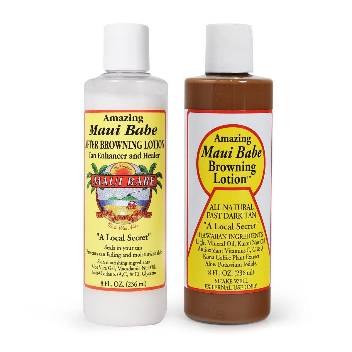 Maui Babe front packaging showing two 8 oz bottles and coconut scent benefit