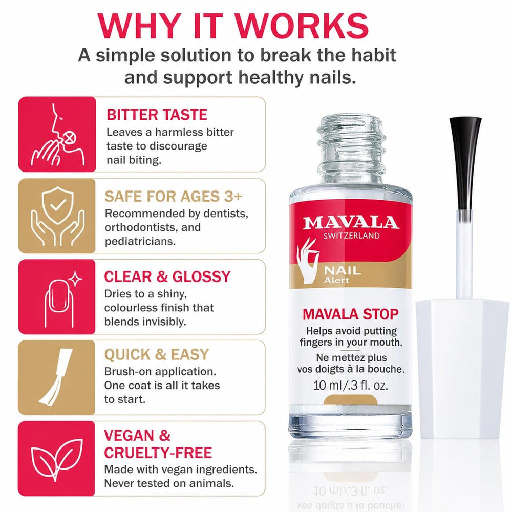 MAVALA bottle next to a hand to show compact travel-friendly benefit