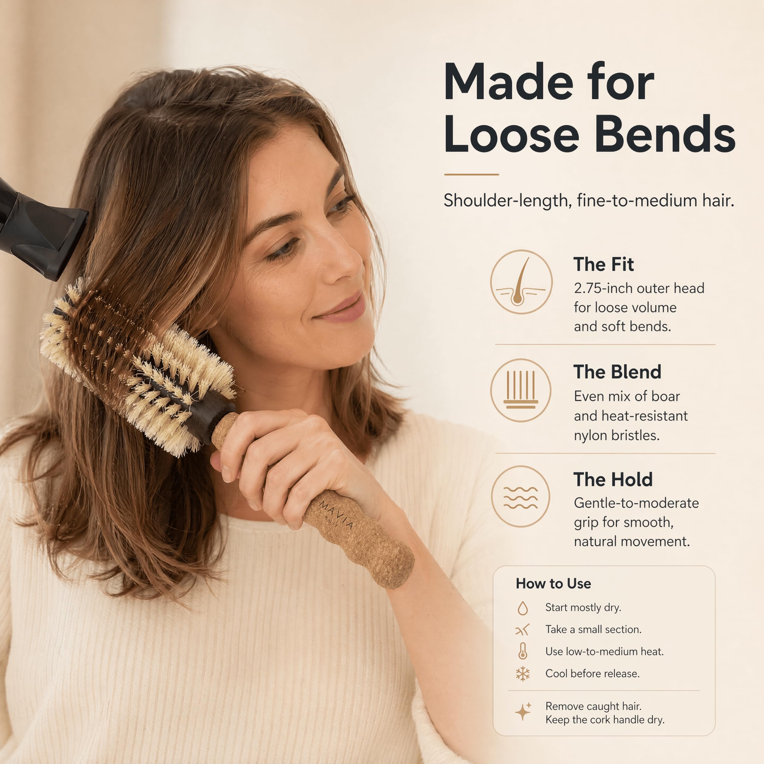 MAVIA full brush flat lay demonstrating 2.75-inch barrel benefit